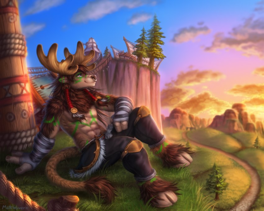 anthro clothed clothing cloud detailed_background facial_piercing grass hooves horn male nose_piercing nose_ring outside piercing plant ring_piercing sky smile solo topless tree milkwyvern blizzard_entertainment warcraft solcarn_talonrend bovid bovine highmountain_tauren mammal tauren 2021 artist_name digital_media_(artwork) signature