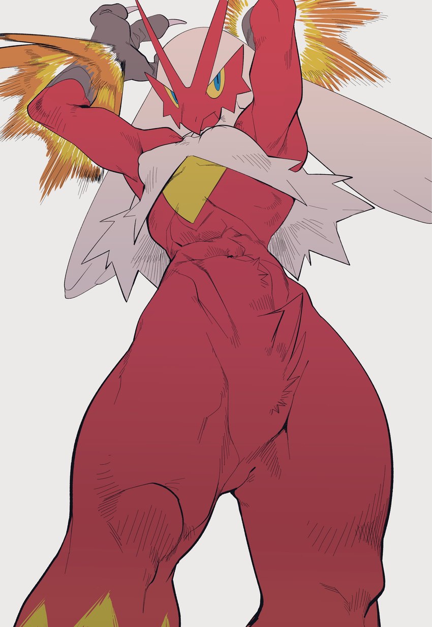 abs anthro arms_above_head beak blue_eyes breasts crotch_tuft feathers feet female fire kemono low-angle_view muscular muscular_female nipple_outline raised_arms red_body red_feathers simple_background small_breasts solo talons toes tuft white_background white_body white_feathers yellow_body yellow_feathers yellow_sclera quququl nintendo pokemon avian blaziken generation_3_pokemon pokemon_(species) 2022 absurd_res hi_res