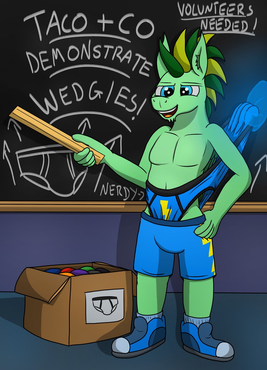 anthro blonde_hair blue_bottomwear blue_clothing blue_eyes blue_footwear blue_shoes blue_shorts blue_underwear bottomwear box briefs briefs_pull chalkboard clothed clothing clothing_pull container footwear green_body green_hair hair hand_on_hip holding_object looking_at_viewer magic magic_hands male multicolored_body navel ruler shoes shorts smile sneakers socks solo standing stretched_clothing text topless topless_anthro topless_male two_tone_body underwear underwear_pull wedgie wings tacomytaco hasbro my_little_pony mythology taco.m.tacoson equid equine horse mammal mythological_creature mythological_equine pegasus pony absurd_res hi_res