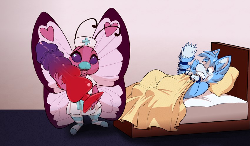 antennae_(anatomy) anthro bed bed_sheet bedding bedroom biped black_claws blue_body blue_ears blue_eyes blue_fur blue_tail claws clothed clothed_anthro clothed_female clothing dildo dipstick_tail duo female finger_claws footwear fur furniture green_clothing green_headwear headgear headwear heart_(marking) holding_dildo holding_object holding_sex_toy huge_dildo legwear looking_at_another looking_at_viewer lying male markings multicolored_body multicolored_clothing multicolored_dildo multicolored_footwear multicolored_fur multicolored_headwear multicolored_stripes multicolored_tail nurse nurse_clothing nurse_headwear nurse_uniform on_back on_bed open_mouth pattern_clothing pattern_footwear pattern_legwear pattern_socks pink_body pink_clothing pink_footwear pink_markings pink_stripes pink_wings purple_dildo red_dildo scared scared_expression scared_face sex_toy smile smiling_at_viewer snout socks standing striped_clothing striped_footwear striped_socks stripes tail tail_markings teeth two_tone_body two_tone_clothing two_tone_dildo two_tone_footwear two_tone_fur two_tone_headwear two_tone_stripes two_tone_tail uniform white_body white_clothing white_footwear white_fur white_headwear white_inner_ear white_nose white_stripes white_tail white_tail_tip wing_markings wings badhedgehog nintendo pokemon buttershe fan_character quetzalli_(darkmirage) arthropod assimilative_feline butterfly butterfree felid feline generation_1_pokemon insect lepidopteran mammal pokemon_(species) 2018 digital_media_(artwork)