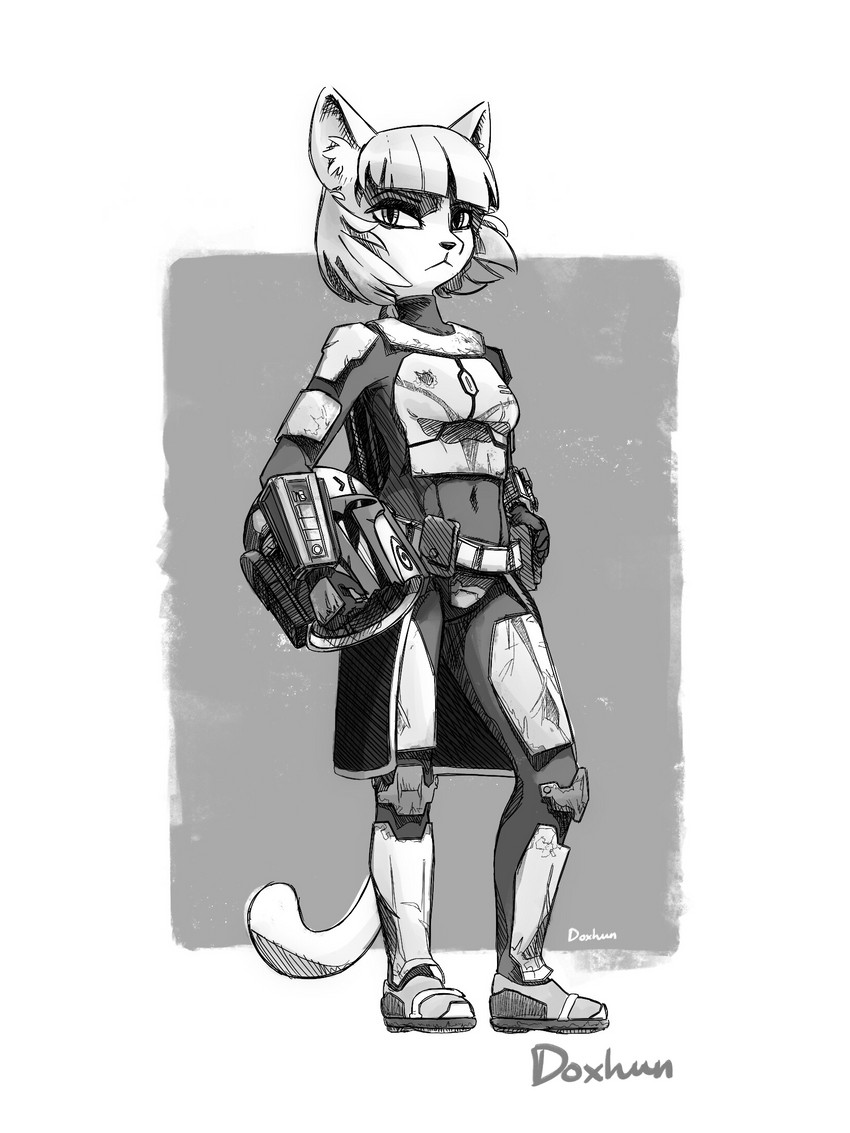 anthro armor bangs boob_armor bottomwear breastplate clothing female hair headgear helmet holding_object looking_at_viewer mandalorian mandalorian_armor medium_hair skirt solo straight_hair tight_clothing conditional_dnp doxhun star_wars fan_character gatinha_(doxhun) domestic_cat felid feline felis mammal digital_media_(artwork) greyscale hi_res monochrome