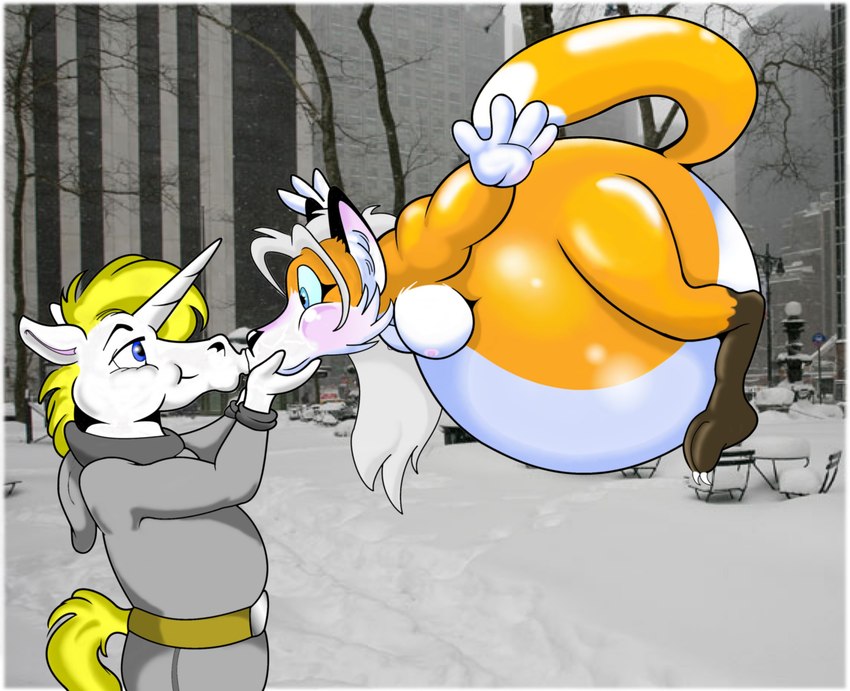 anthro balloon duo female floating horn inflatable inflation kiss_on_lips kissing male photo_background puffkiss calbeck mythology canid canine equid equine fox mammal mythological_creature mythological_equine unicorn absurd_res hi_res photography_(artwork)