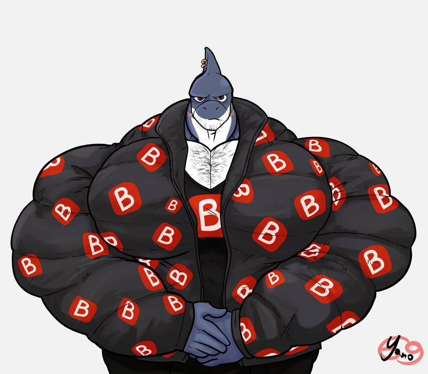 anthro b_emoji big_muscles body_hair chest_hair clothing countershading huge_muscles jacket looking_at_viewer male muscular piercing serious_face solo topwear 69yano69 drip_(meme) goku_drip supreme bee_(maybee) fish marine shark absurd_res hi_res meme