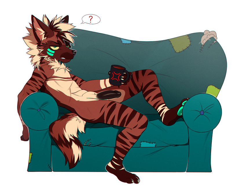 annoyed anthro beverage casual_nudity coffee coffee_mug container cup furniture genitals half-erect humanoid_genitalia humanoid_penis lazy lying male nude on_back penis sofa solo tired eihman arihyena hyena mammal striped_hyena hi_res