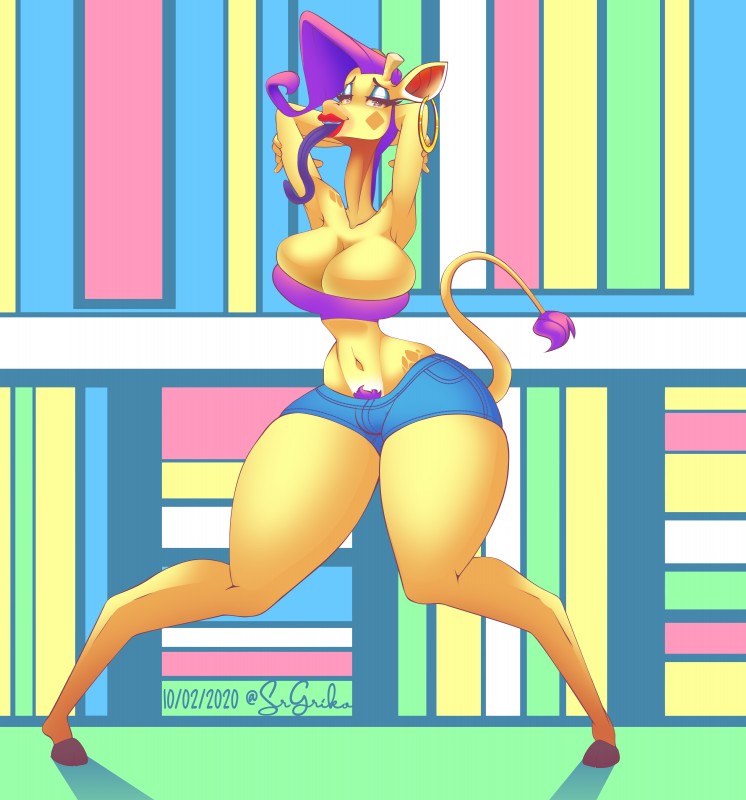 anthro big_breasts bottomwear breasts clothed clothing female fur hotpants lipstick long_tongue makeup midriff navel open_mouth pubes shorts simple_background solo tongue topwear tube_top srgriko gala giraffe giraffid mammal 2020 absurd_res hi_res