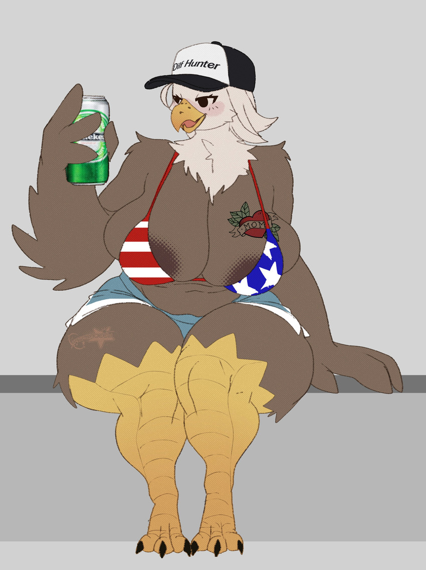alcohol american_flag_bikini anthro areola areola_slip beak beer belly beverage beverage_can big_breasts bikini bottomwear breasts clothing daisy_dukes denim denim_bottomwear denim_clothing denim_shorts feather_hands feathers female female_anthro flag_bikini hat headgear headwear hotpants huge_breasts huge_thighs redneck scuted_legs scutes shorts slightly_chubby slightly_chubby_anthro slightly_chubby_female solo swimwear thick_thighs trucker_hat two-piece_swimsuit gatoradeew heineken american_eagle accipitrid accipitriform avian bald_eagle bird eagle sea_eagle 2025 absurd_res digital_media_(artwork) full-length_portrait hi_res portrait