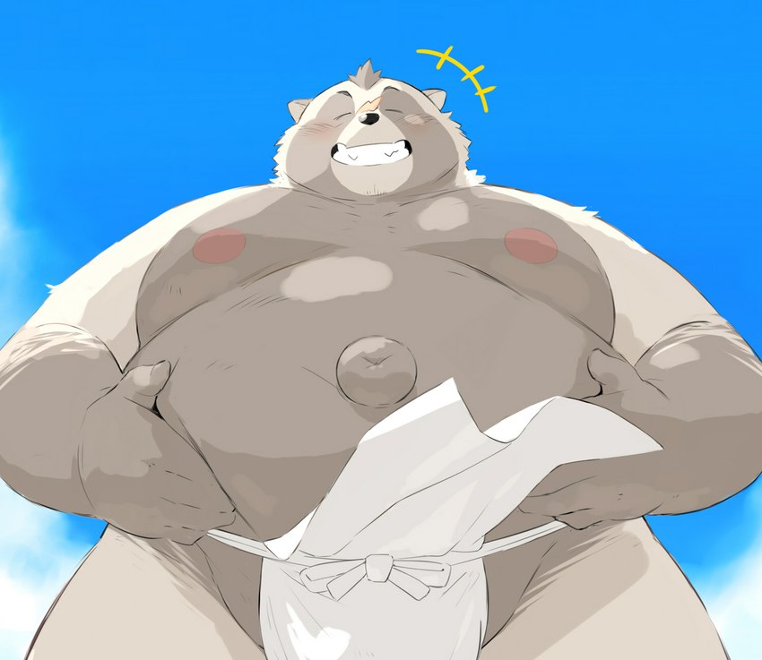 anthro asian_clothing belly big_belly black_nose blush clothing east_asian_clothing eyes_closed fundoshi humanoid_hands japanese_clothing kemono male moobs navel nipples outie_navel outie_navel_pull overweight overweight_anthro overweight_male simple_background solo underwear white_clothing white_fundoshi white_underwear sessa canid canine mammal raccoon_dog tanuki 2023 hi_res