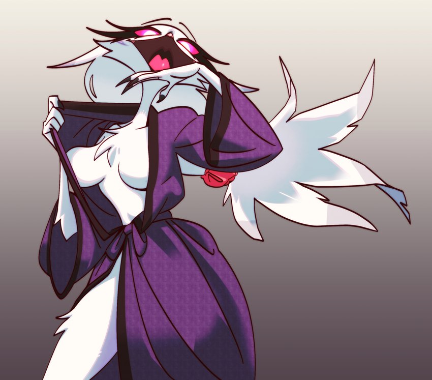 anthro breasts clothing female fur hair long_hair looking_at_viewer pink_eyes purple_clothing purple_robe robe simple_background smile solo standing white_body white_face white_fur white_hair junyois helluva_boss stella_(helluva_boss) anatid anseriform anserinae avian avian_demon bird demon swan 2025 hi_res