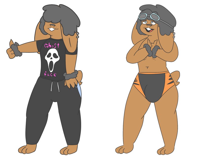 anthro clothed clothing covered_eyes ear_piercing eyewear eyewear_on_head fur goggles goggles_on_head hair male neck_tuft piercing simple_background smile solo swimwear thick_thighs tight_clothing tuft phant0mhat lagomorph leporid mammal rabbit digital_media_(artwork) hi_res sketch