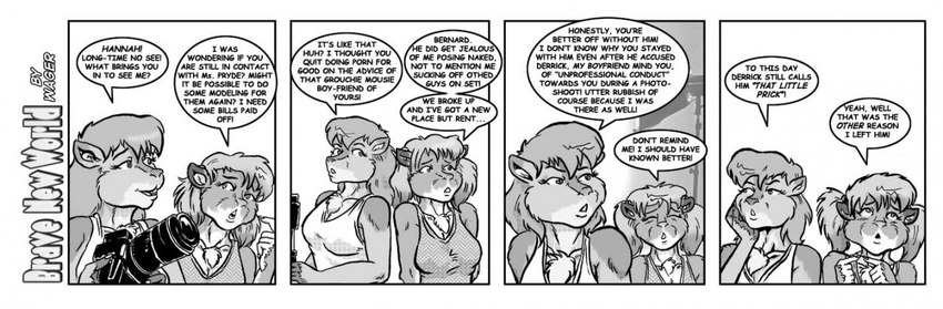 anthro breasts camera chest_tuft clothed clothing dialogue duo female fur hair shirt tank_top text topwear tuft style_wager brave_new_world_(style_wager) daisy_moore hannah_hamtaro cricetid ground_squirrel hamster mammal prairie_dog rodent sciurid comic english_text greyscale monochrome