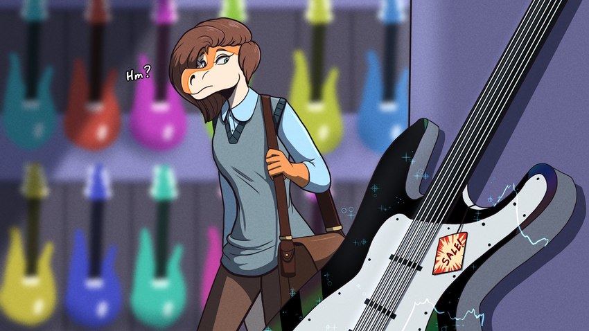 5_fingers anthro black_guitar blue_dress_shirt blue_guitar blue_wall bottomwear breasts brown_bottomwear brown_clothing brown_eyebrows brown_hair brown_pants clothed clothed_anthro clothed_female clothing dialogue electric_guitar electricity eyebrows eyelashes female female_anthro fingers green_guitar grey_clothing grey_topwear grey_vest guitar hair holding_bag inside light looking_at_guitar looking_at_object mouth_closed multicolored_body multicolored_scales musical_instrument non-mammal_breasts orange_body orange_scales pants plucked_string_instrument purple_guitar question_mark red_guitar sale scales short_hair shoulder_bag slim_anthro slim_female solo sticker string_instrument tail tan_body tan_scales tan_tail teal_eyes text topwear vest wall_(structure) wall_of_guitars yellow_guitar volkenfox plexel dinosaur prehistoric_species reptile scalie 16:9 2024 colored digital_drawing_(artwork) digital_media_(artwork) english_text hi_res lighting shaded widescreen