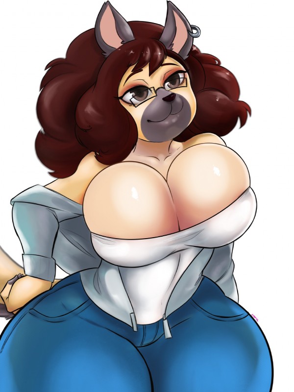 :3 anthro big_breasts breasts cleavage clothed clothing ear_piercing ear_ring eyewear female fully_clothed glasses piercing ring_piercing solo thick_thighs wide_hips lyn_nyl hypebae_(jinu) canid canine mammal 3:4 hi_res