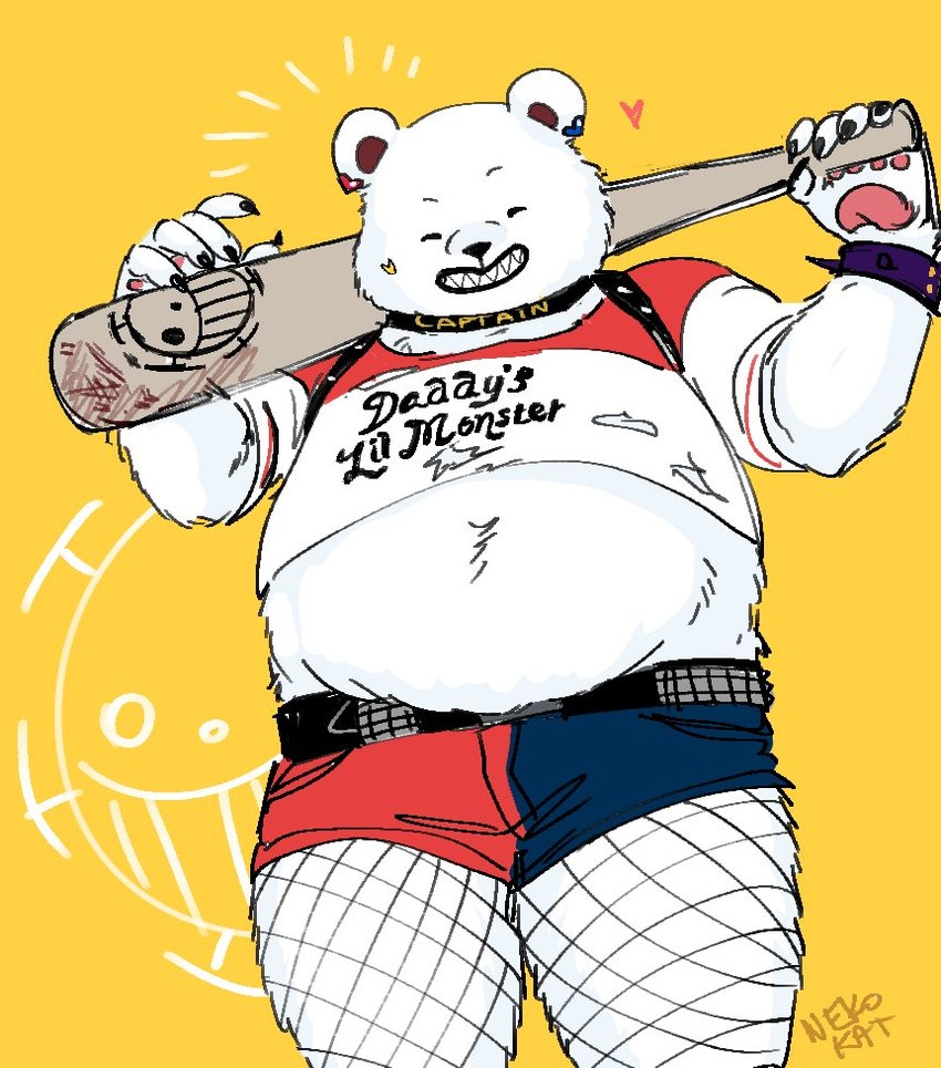 anthro baseball_bat bat_(object) belly bottomwear choker clothed clothing cosplay crop_top ear_piercing ear_ring fishnet_clothing fishnet_legwear fur heart_ear_piercing heart_symbol hotpants jewelry legwear male midriff necklace overweight pawpads piercing ring_piercing shirt shorts skimpy smile solo topwear white_body white_fur nekokat42 batman_(series) dc_comics one_piece bepo_(one_piece) harley_quinn bear mammal polar_bear ursine