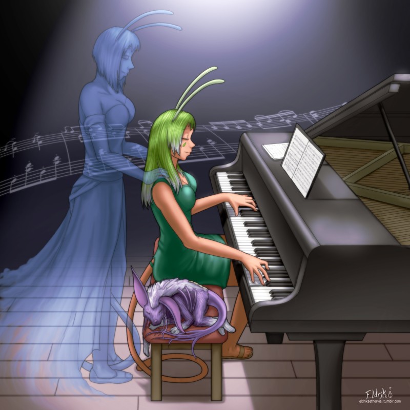 antennae_(anatomy) breasts cleavage clothed clothing eyes_closed facial_markings female feral fur green_hair group hair head_markings keyboard_instrument markings musical_instrument musical_note musical_symbol not_furry_focus piano purple_body purple_fur sitting symbol translucent translucent_body bobbydando fairies_vs_tentacles flynn_(fvt) nadisha_(fvt) fairy ghost humanoid oxeliss spirit 1:1 hi_res