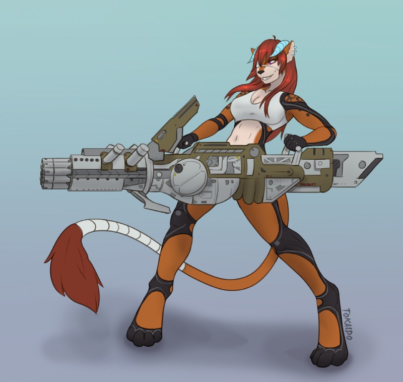 anthro athletic athletic_anthro athletic_female biped breasts cannon cleavage clothed clothing digitigrade ear_piercing eye_patch eyewear female fur futuristic gradient_background gun hair holding_gun holding_object holding_ranged_weapon holding_weapon horn orange_body orange_fur piercing purple_eyes ranged_weapon red_hair simple_background skimpy smile solo standing underwear weapon tokaido rute_(driftlock) mammal unknown_species 2016 digital_media_(artwork) hi_res