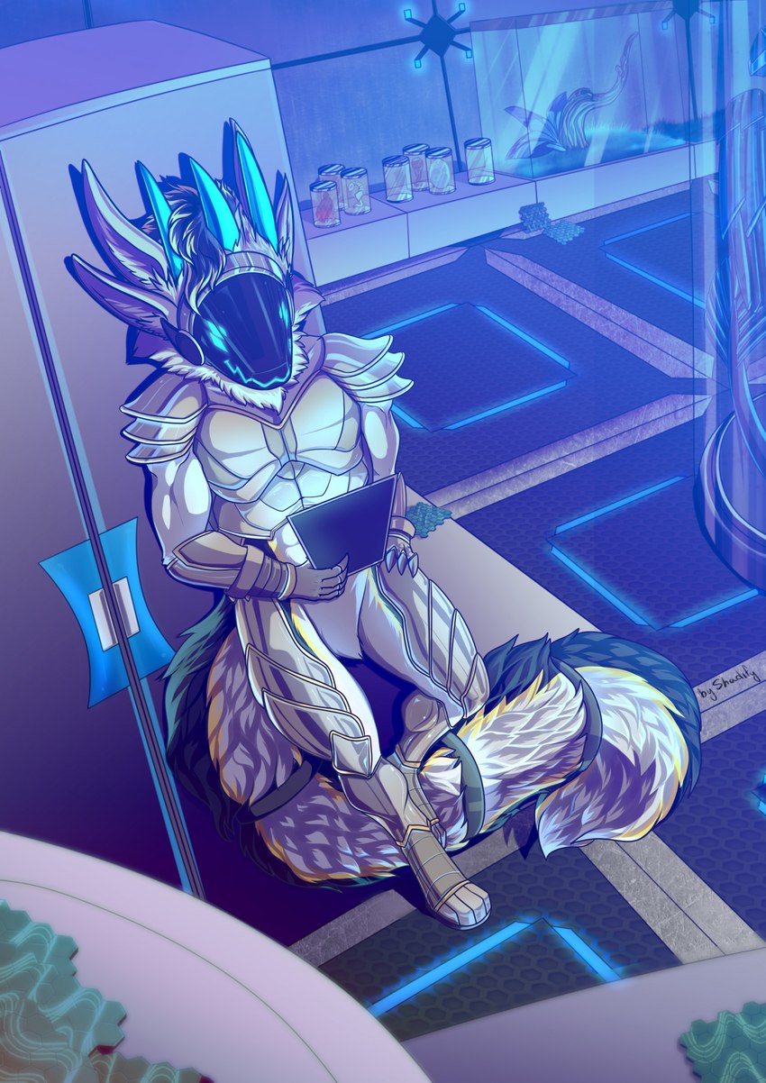 4_toes 5_fingers detailed_background feet fingers fur horn machine screen screen_face solo standing toes shadify protogen 2022 digital_media_(artwork) hi_res