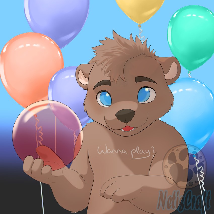 anthro balloon blue_eyes brown_body brown_hair hair inflatable male party playful smile solo netiscraft mammal mustelid otter 1:1 hi_res