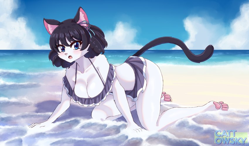 all_fours alternative_fashion anthro arm_tuft beach bent_legs big_breasts bikini biped black_hair black_tail blue_eyes blush blush_lines breast_tuft breasts cheek_tuft cleavage clothed clothed_anthro clothed_female clothing collarbone eyebrow_through_hair eyebrows eyelashes facial_tuft female female_anthro fur glistening glistening_breasts glistening_eyes glistening_hair glistening_thighs hair huge_breasts j-fashion kemono navel pawpads pink_blush pink_inner_ear pink_pawpads sand sea seaside short_hair sky solo swimwear tail translucent translucent_hair tuft two-piece_swimsuit water white_body white_fur white_tuft cattowsky sanrio show_by_rock!! cyan_hijirikawa domestic_cat felid feline felis mammal 2023 absurd_res artist_name digital_media_(artwork) english_description hi_res