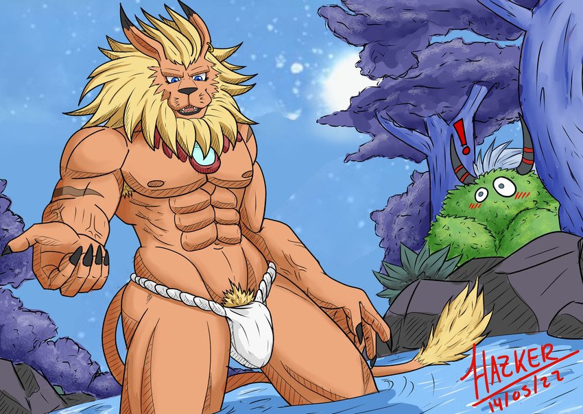 abs anthro armpit_hair asian_clothing blonde_hair blue_eyes body_hair claws clothing east_asian_clothing fundoshi hair japanese_clothing male mane muscular muscular_anthro muscular_male nipples pubes solo underwear hazker bandai_namco digimon digimon_(species) felid leomon mammal ogremon hi_res