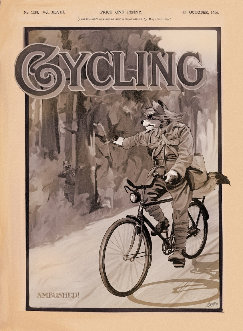 ambush anthro bicycle canadian cycling danger dangerous fictional_magazine_cover forest forest_background gun handgun male nature nature_background pistol plant ranged_weapon road shooting_gun text tree vehicle weapon world_war_1 xussurix dante_kinkade canid canine canis mammal wolf absurd_res black_and_white cover english_text hi_res magazine_cover monochrome