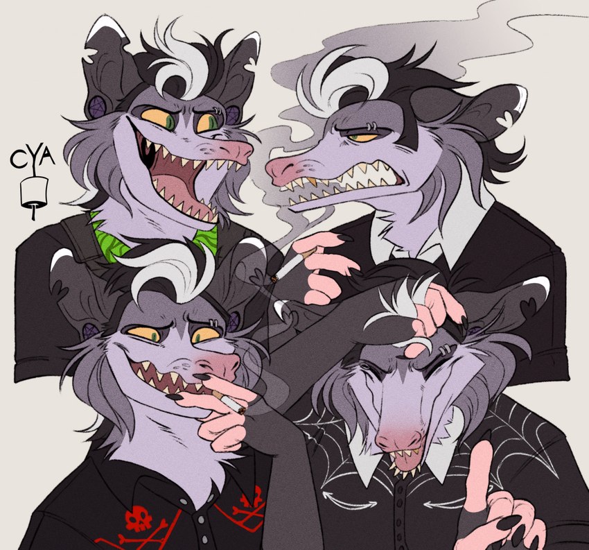 alternative_fashion ambiguous_gender anthro frown hair psychobilly punk rockabilly sharp_teeth smile smoke smoking snout solo teeth cyamallo_(artist) american_opossum mammal marsupial nonbinary_(lore)