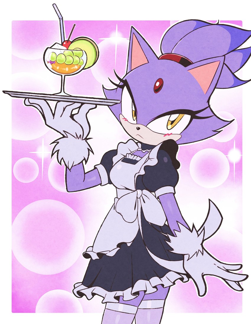 anthro beverage cherry clothing cocktail_garnish eyelashes female food forehead_gem fruit fur gem gloves grape handwear ice_cube legwear maid_headdress maid_uniform plant purple_body purple_fur solo stockings tray uniform white_body white_fur yellow_eyes jeffmiga_(artist) sega sonic_the_hedgehog_(series) blaze_the_cat domestic_cat felid feline felis mammal 2025 absurd_res hi_res