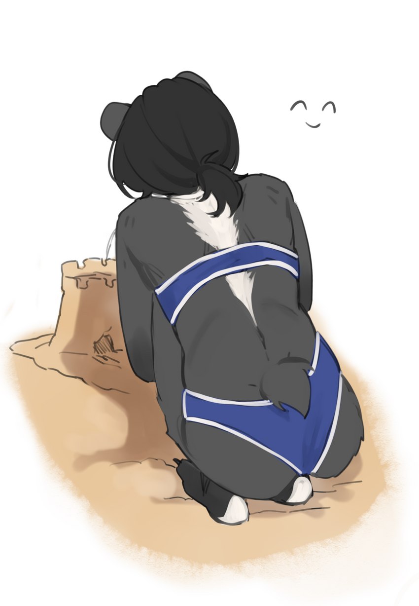 anthro beach black_body black_fur black_hair butt clothing countershading crouching feet femboy fur gloves_(marking) hair leg_markings male markings one-piece_swimsuit ponytail rear_view sand_castle sculpture scut_tail seaside short_tail simple_background smiley_face socks_(marking) soles solo swimwear tail white_markings nijocest ucu_harrey bear mammal short-faced_bear spectacled_bear ucumar hi_res