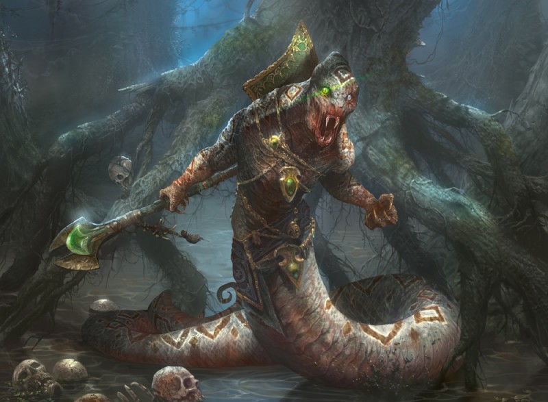 apode bone claws coiling fangs front_view heterochromia holding_object holding_weapon jewelry legless looking_at_viewer monk's_spade mostly_nude nightmare_fuel plant serpentine sharp_fangs skull snarling solo swamp teeth tree water weapon ryan_barger hasbro magic:_the_gathering wizards_of_the_coast draconcopode naga reptile scalie snake official_art