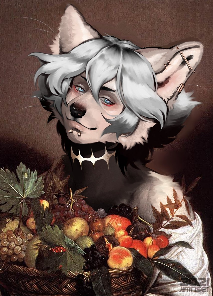 anthro arm_tuft black_body black_fur blush brown_background cheek_tuft ear_piercing ear_ring facial_piercing facial_tuft fig food fruit fruit_basket fur grape grey_body grey_fur grey_hair hair half-closed_eyes inner_ear_fluff leaf lip_piercing looking_at_viewer male multicolored_body multicolored_fur multicolored_hair narrowed_eyes neck_scar peach_(fruit) pear piercing plant ring_piercing scar shoulder_tuft simple_background smile snakebite_piercing solo tuft two_tone_body two_tone_fur two_tone_hair whiskers jimnsei jimnsei_(character) arctic_wolf canid canine canis mammal wolf hi_res inspired_by_formal_art andromorph_(lore) trans_(lore) trans_man_(lore)