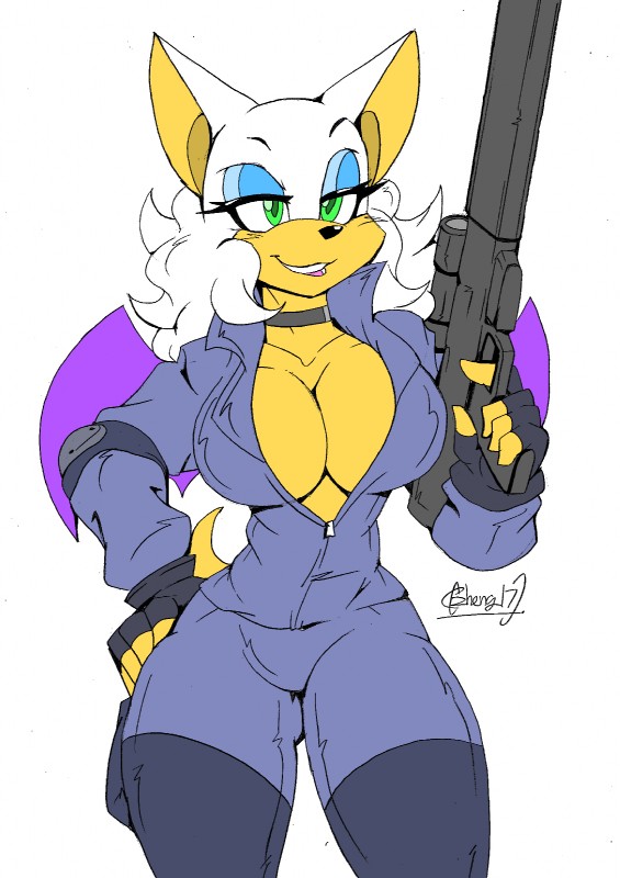 5_fingers anthro big_breasts blue_eyeshadow breasts cleavage clothed clothing cosplay eyeshadow female fingerless_gloves fingers gloves green_eyes gun half-closed_eyes handwear makeup narrowed_eyes ranged_weapon rifle smile solo weapon wings zhengfox konami metal_gear sega sonic_the_hedgehog_(series) rouge_the_bat sniper_wolf bat mammal 2017 hi_res