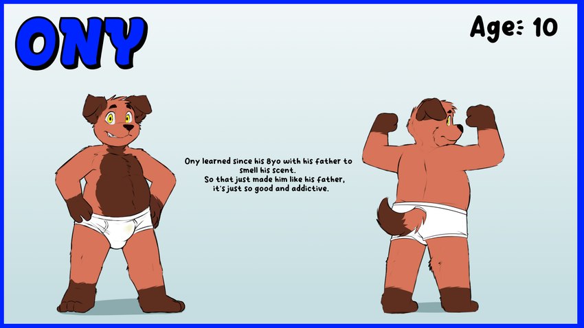 anthro belly blue_border border briefs clothing male musk musky_underwear presenting slightly_chubby solo stained_underwear text underwear white_briefs white_clothing white_underwear young onykr ony canid canine canis domestic_dog mammal 16:9 english_text hi_res model_sheet widescreen