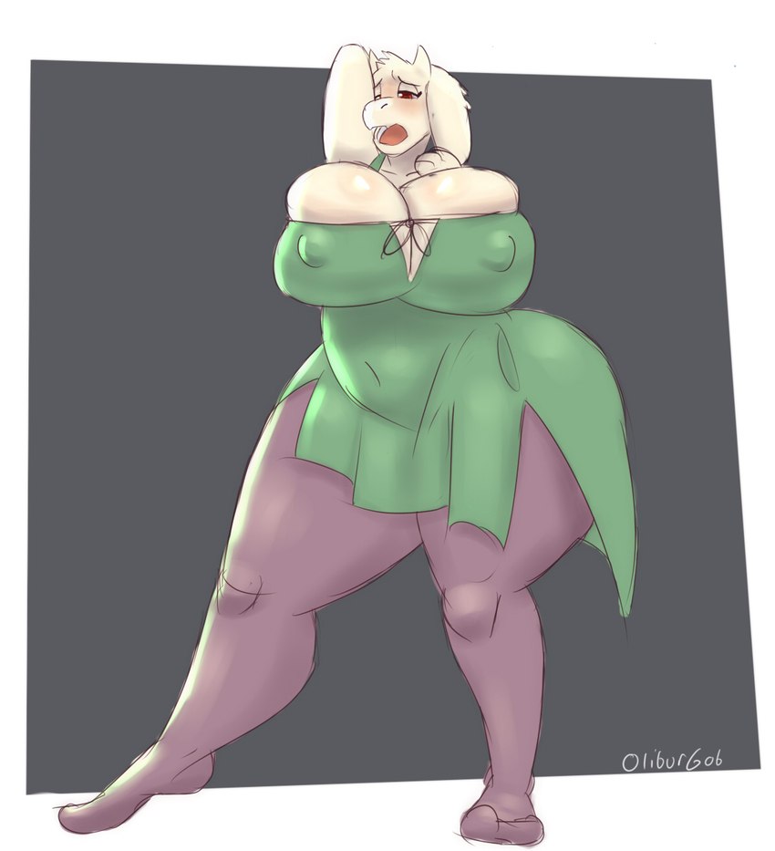 anthro belly big_breasts big_butt blush breasts butt cleavage cleavage_overflow clothed clothing dress female huge_breasts legwear nipple_outline obese obese_anthro obese_female open_mouth overflowing_breasts overweight overweight_anthro overweight_female pantyhose pose solo thick_thighs tight_clothing wide_hips oliburgob undertale_(series) toriel bovid caprine goat mammal hi_res pinup