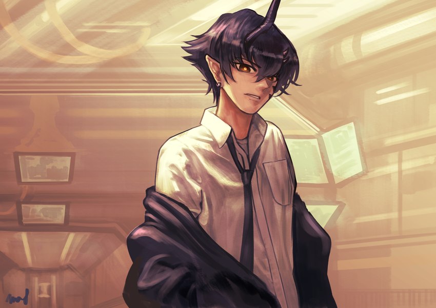 black_hair clothing ear_piercing ear_ring hair horn humanoid_pointy_ears jacket looking_at_viewer male necktie not_furry piercing ring_piercing short_hair solo topwear wanko_(realsight) arknights hypergryph studio_montagne flamebringer_(arknights) horned_humanoid humanoid 2020 hi_res