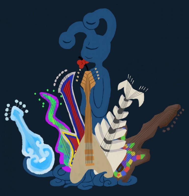 blue_background blue_body blue_skin eyes_closed eyestalks guitar holding_guitar holding_musical_instrument holding_object male multi_eye musical_instrument plucked_string_instrument ribbons simple_background smile solo standing string_instrument tentacles wakamolez earthbound_(series) flying_v mother:_cognitive_dissonance nintendo alinivar alien mook hi_res official_art