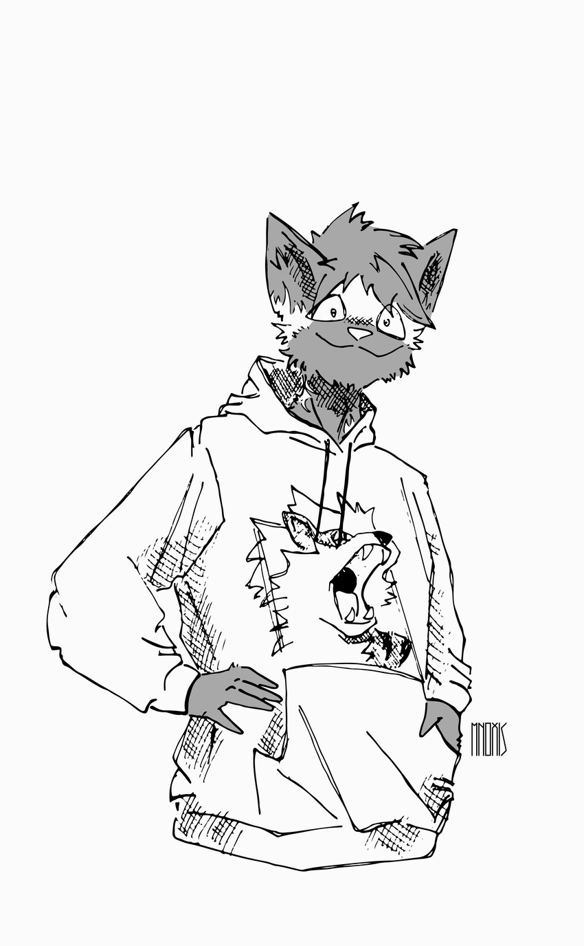 anthro clothed clothing feral hoodie looking_at_viewer male mnoxis print_clothing print_hoodie print_topwear simple_background smile smirk solo topwear white_background nintendo pokemon barley_(barleythecat) arcanine domestic_cat felid feline felis generation_1_pokemon mammal pokemon_(species) 2020 absurd_res black_and_white comic half-length_portrait hi_res monochrome portrait