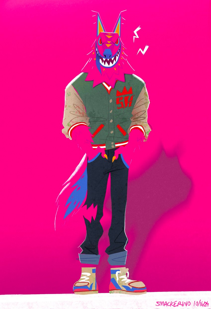 anthro bolt_emanata bottomwear clothing denim denim_bottomwear denim_clothing emanata footwear fur hands_in_both_pockets jacket jeans male pants pink_background pink_body pink_fur red_eyes shoes simple_background smile solo tongue tongue_out topwear smackerino epic_games fortnite andy_fangerson alebrije canid canine canis mammal wolf 2024 full-length_portrait hi_res portrait signature