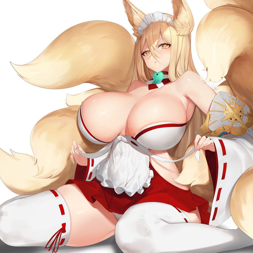 9_tails armwear asian_clothing bare_shoulders beads big_breasts biped blonde_hair bottomwear breasts choker clothed clothing detached_sleeves dipstick_tail east_asian_clothing eyelashes female fluffy fluffy_tail front_view fur glistening glistening_breasts hair hakama huge_breasts inner_ear_fluff japanese_clothing jewelry legwear light_body light_skin long_hair looking_at_viewer magatama maid_headdress markings monotone_body monotone_hair multi_tail multicolored_tail necklace pupils red_bottomwear red_clothing red_hakama simple_background sitting skimpy skindentation slit_pupils solo tail tail_markings thick_thighs thigh_highs topwear tuft two_tone_tail white_background white_clothing white_legwear white_topwear wide_hips yellow_body yellow_eyes yellow_fur yellow_inner_ear_fluff jam_(nandade) last_origin hirume animal_humanoid canid canid_humanoid canine canine_humanoid fox_humanoid humanoid mammal mammal_humanoid 1:1 absurd_res hi_res