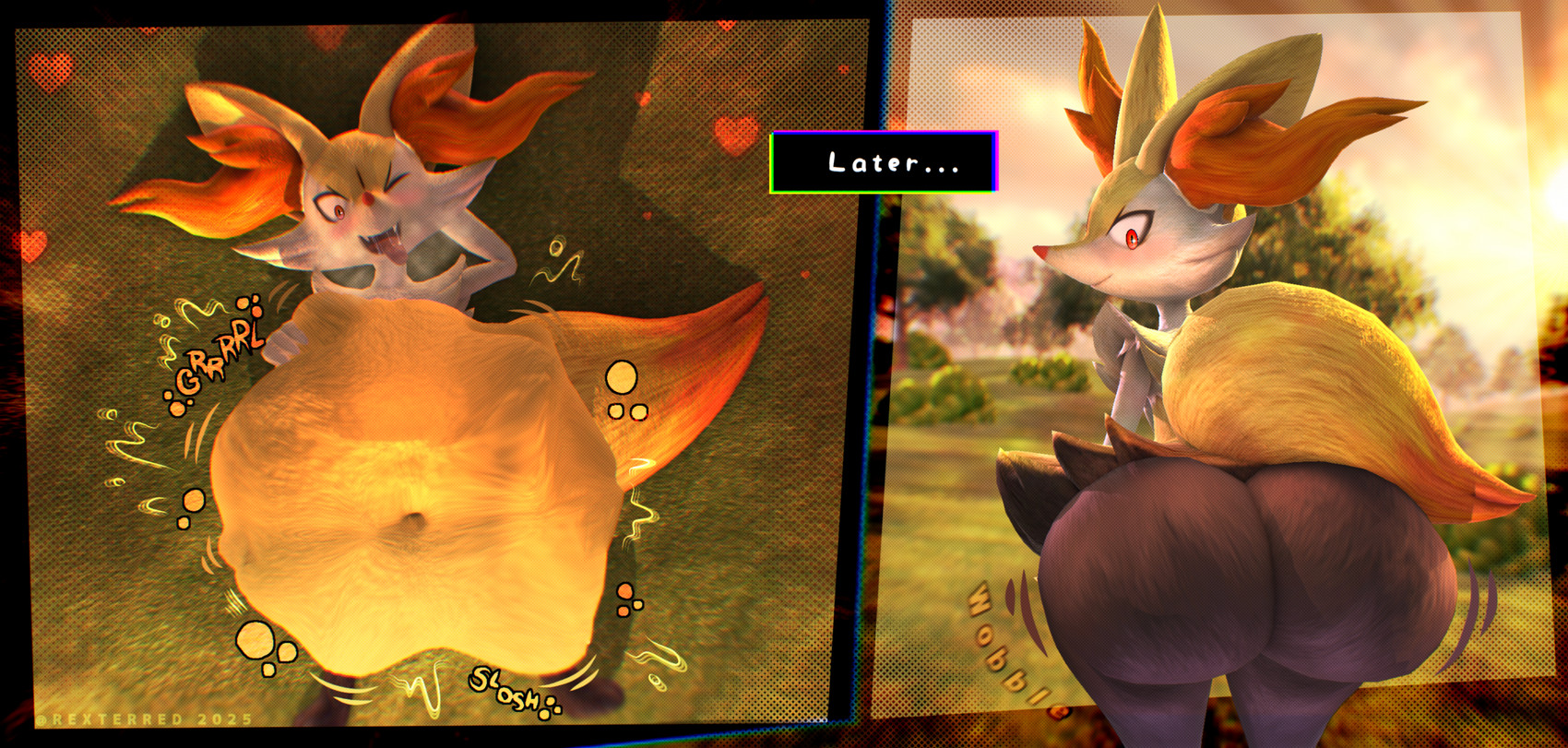 abdominal_bulge ambiguous_gender ambiguous_prey anthro belly big_belly big_butt big_ears black_body black_fur blush bodily_fluids bottomwear breath butt butt_expansion cheek_tuft chest_tuft clothing digestion dipstick_tail expansion facial_tuft fangs fatal_vore female fur huge_belly huge_butt hyper hyper_belly inner_ear_fluff looking_back looking_pleasured lying markings multicolored_body multicolored_fur navel on_back one_eye_closed onomatopoeia open_mouth outside overweight overweight_ambiguous overweight_anthro pointy_nose post_digestion presenting presenting_hindquarters pseudo_clothing rear_view red_body red_eyes red_fur red_nose saliva skirt slosh sloshing_belly smile solo sound_effects steamy_breath struggling struggling_prey tail tail_markings teeth text time_skip tongue tongue_out tuft vore weight_gain white_body white_fur wobble_(sound_effect) wobbling_butt yellow_body yellow_fur rexterred nintendo pokemon braixen generation_6_pokemon pokemon_(species) 2025 3d_(artwork) digital_drawing_(artwork) digital_media_(artwork) hi_res female_(lore)