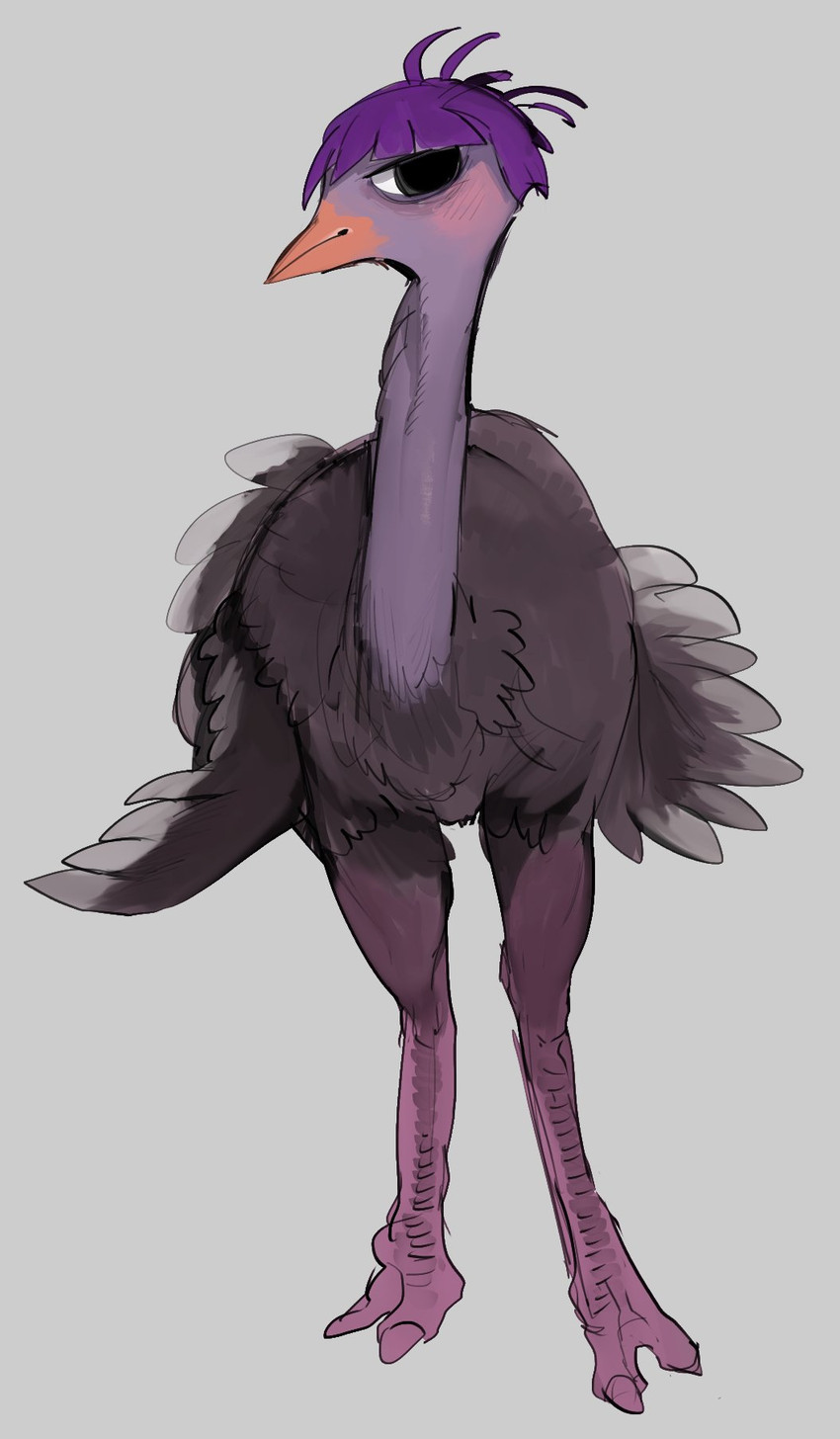 ambiguous_gender black_eyes blush digitigrade feathers feral feralized grey_background hair purple_hair scales simple_background solo liteu animal_crossing nintendo queenie_(animal_crossing) avian bird ostrich ratite hi_res