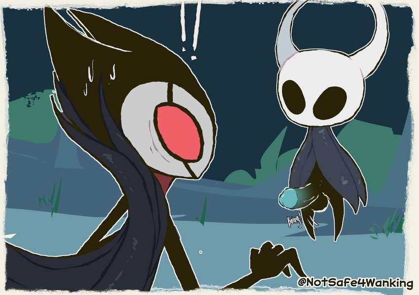 ambiguous_gender anthro balls black_body black_eyes bodily_fluids butt clothing duo erection genital_fluids genitals horn male penis text notsafeforwanking hollow_knight team_cherry grimm_(hollow_knight) the_knight_(hollow_knight) arthropod canid canine humanoid insect mammal vessel_(species) digital_media_(artwork) hi_res