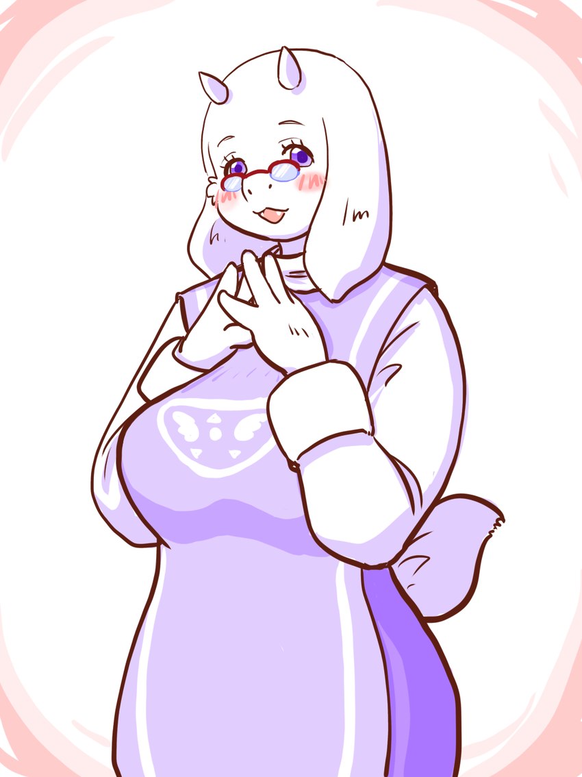 big_breasts blue_eyes blush breasts clothed clothing eyewear female glasses horn kemono looking_at_viewer open_mouth purple_clothing purple_eyes solo kin-shun undertale_(series) toriel boss_monster_(undertale) 2021 hi_res