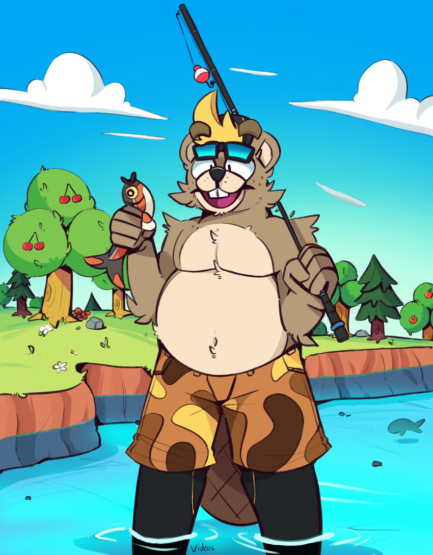 anthro belly blonde_hair bottomwear camo camo_print clothing eyewear fishing fishing_rod freckles hair hat headgear headwear leggings legwear male navel river shorts slightly_chubby solo sunglasses videos_or_whatever animal_crossing nintendo c.j._(animal_crossing) beaver fish mammal marine rodent hi_res