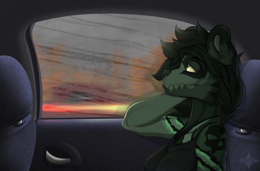 anthro black_clothing black_shirt black_t-shirt black_topwear breasts car car_interior car_seat clothed clothing driving female fur green_body green_eyes green_fur green_hair green_nose hair hand_on_head inside_car inside_vehicle looking_away pensive raining shirt solo stain stripes t-shirt topwear vehicle window luciticio raylin bear mammal digital_media_(artwork) hi_res