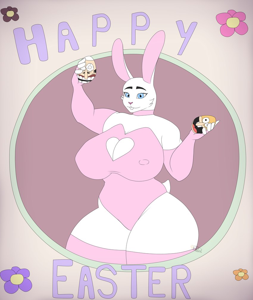 anthro armwear big_breasts blue_eyes breasts choker clothing easter_egg female flower holding_object holidays jewelry legwear looking_at_viewer necklace plant simple_background solo thick_thighs tight_clothing wide_hips photolol.03 easter pizza_tower miss-bonibombon_(photolol.03) peppino_spaghetti the_noise lagomorph leporid mammal rabbit absurd_res flat_colors hi_res