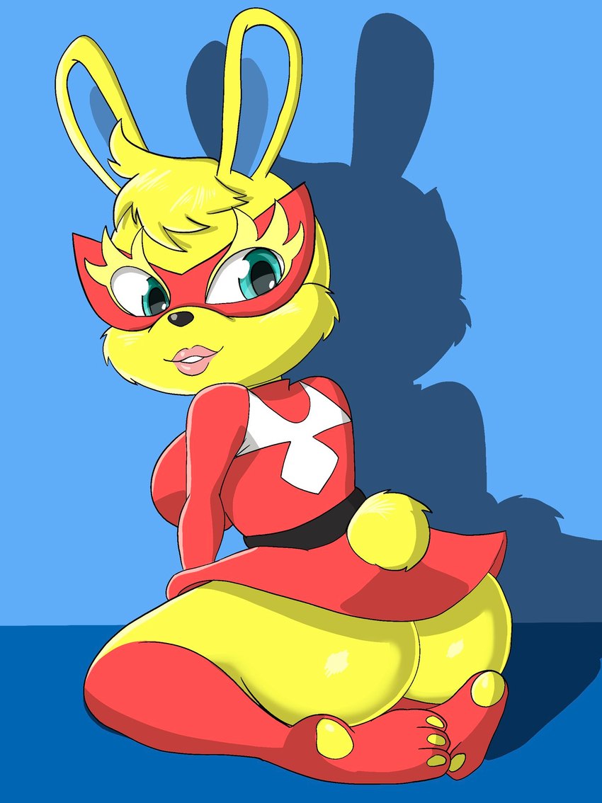 anthro butt clothed clothing dress female fur kneeling looking_back mask rear_view red_clothing red_dress solo yellow_body yellow_fur nojimmyplz animal_crossing nintendo mira_(animal_crossing) lagomorph leporid mammal rabbit full-length_portrait hi_res portrait