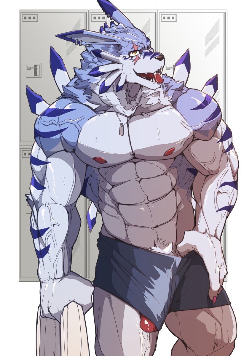 abs anthro biceps blep bodily_fluids bulge ear_piercing fangs genital_fluids genitals leaking_precum male muscular muscular_anthro muscular_male nipples pecs penis piercing precum scar solo teeth tongue tongue_out triceps vein veiny_muscles yellow_eyes asiahao520 bandai_namco digimon canid canine digimon_(species) mammal weregarurumon absurd_res hi_res