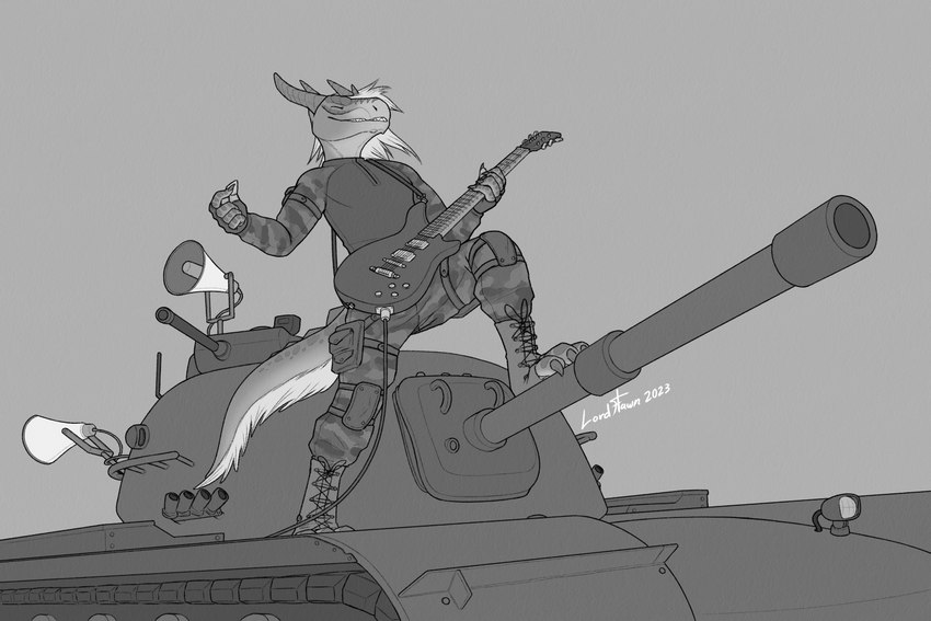 anthro belt boots camo clothing electric_guitar eyes_closed foot_on_object footwear guitar guitar_pick horn knee_pads loudspeaker m48_patton male military_uniform musical_instrument playing_guitar playing_music plucked_string_instrument pouches raised_leg shoes simple_background smile solo standing string_instrument tank uniform vehicle lordflawn microsoft the_elder_scrolls argonian scalie 2023 3:2 hi_res monochrome signature sketch