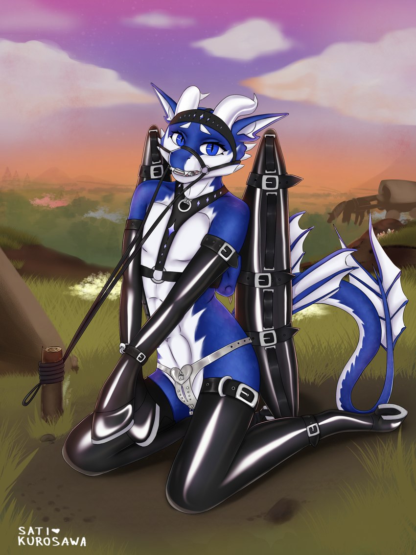 anthro bdsm bondage bound camp chastity_belt chastity_device discipline field gag gagged halt harness hooves latex leash male nature petplay ponyplay roleplay slave solo submissive sati_kurosawa mythology azmerond dragon mythological_creature mythological_scalie scalie absurd_res hi_res