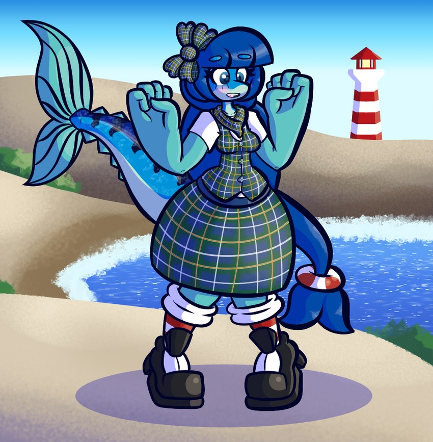 anthro bangs blue_body blue_eyes blue_hair bottomwear bow_ribbon clothing dress female fin fish_tail footwear hair lighthouse pattern_clothing pattern_topwear plaid plaid_clothing plaid_topwear ponytail scarf sea shoes skirt solo tartan_bottomwear topwear vest water sprucy mackenzie_(sprucy) fish mackerel marine scombrid scombriform