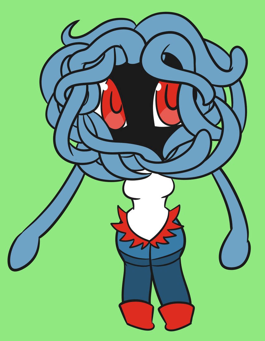 anthro anthrofied armless big_eyes black_body black_head blue_body blue_clothing blue_footwear blue_legs blue_legwear blue_pseudo_hair blue_socks blue_tentacles blue_thigh_highs blue_thigh_socks boots breasts chibi clothed clothing curvy_figure feet female footwear for_a_head fringe_clothing fringe_topwear fringe_trim green_background head_tentacle hourglass_figure knock-kneed legs_together legwear looking_at_viewer medium_breasts mouthless noseless pigeon_toed plant plant_hair pokemorph prehensile_hair prehensile_vines pseudo_hair red_boots red_clothing red_eyes red_footwear red_shoes shirt shoes simple_background socks solo standing tentacle_arms tentacle_hair tentacle_limbs tentacles thigh_highs thigh_socks topwear vine_tentacles vines white_clothing white_shirt white_topwear wide_hips mythrica nintendo pokemon elemental_creature elemental_humanoid flora_fauna generation_1_pokemon humanoid plant_humanoid pokemon_(species) pokemon_humanoid tangela tentacle_creature 2020 digital_media_(artwork) hi_res